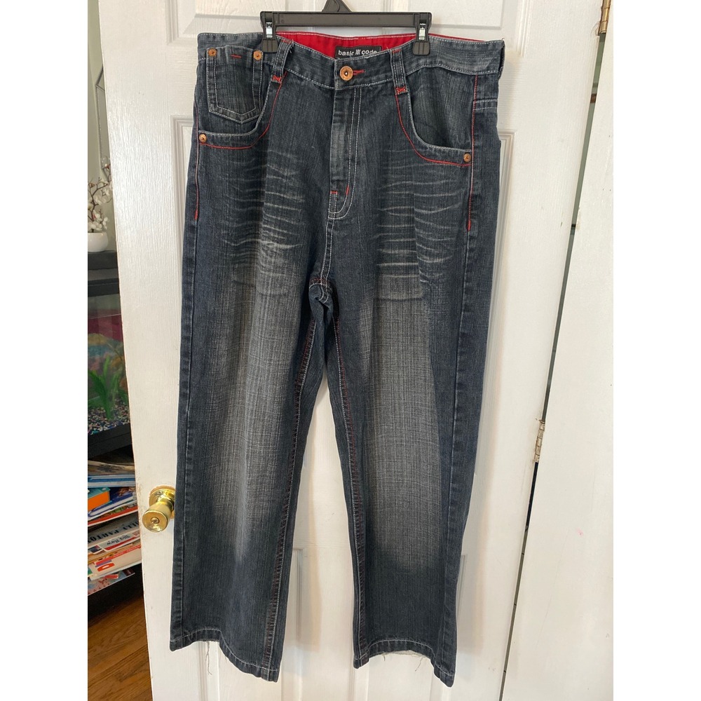 Basic Code Mens Jeans 38x32 Dark Wash Red Contrast Stitch Streetwear Y2K Denim